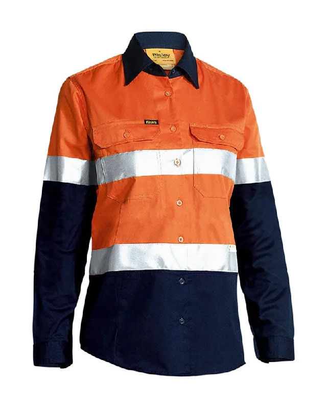 Unwind with Weekend Discounts Womens Taped Hi Vis Cool Lightweight LS Drill Shirt - Orange/Navy