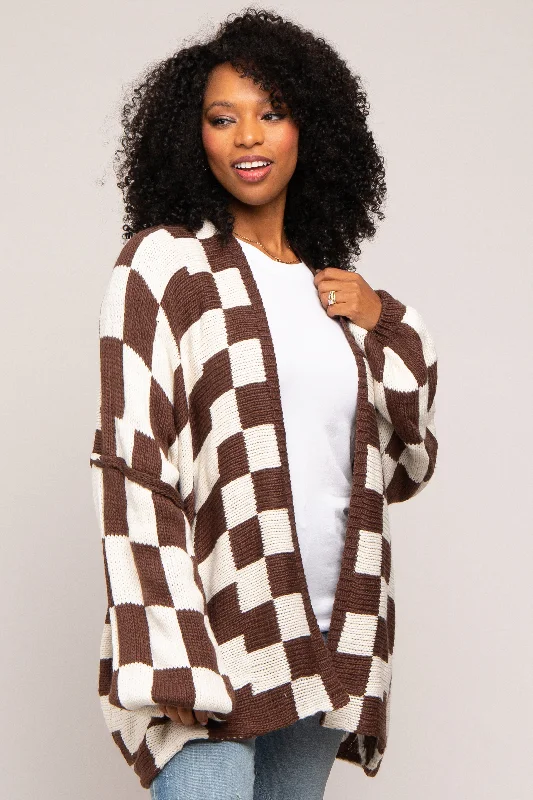 Weekend Discounts to Indulge In Brown Checkered Print Oversized Cardigan