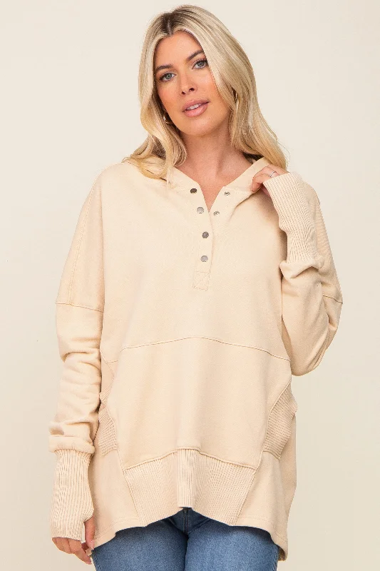 Weekend Discounts to Delight Cream Button Front Ribbed Trim Hooded Sweatshirt