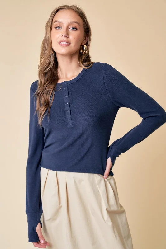 Act Now Navy Button Front Soft Knit Long Sleeve Henley Top