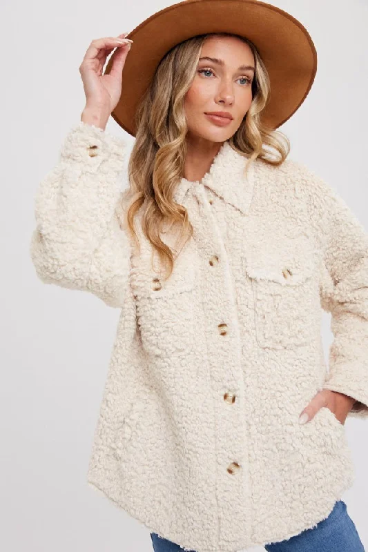 Buy Today Cream Fuzzy Knit Shirt Jacket