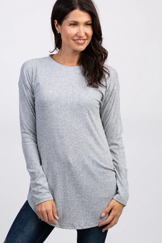 Weekend Specials to Delight Heather Grey Long Sleeve Ribbed Top