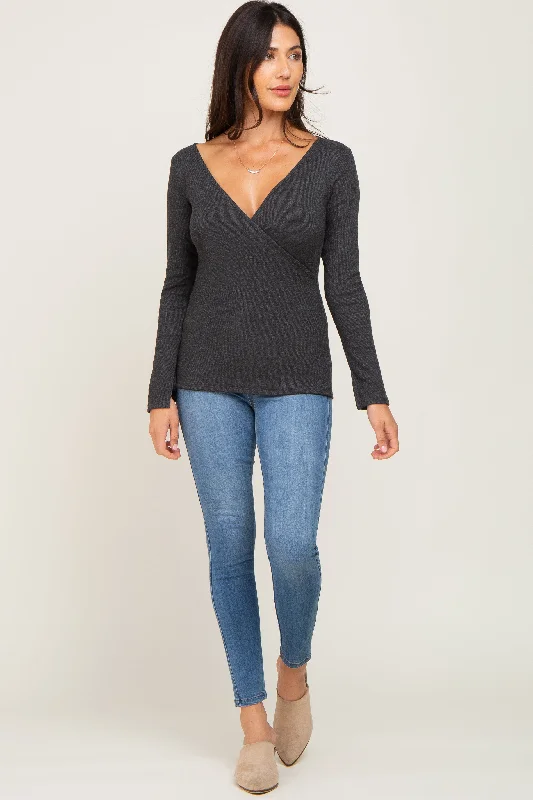 Weekend Discounts to Enjoy Charcoal Ribbed Long Sleeve Wrap Nursing Top