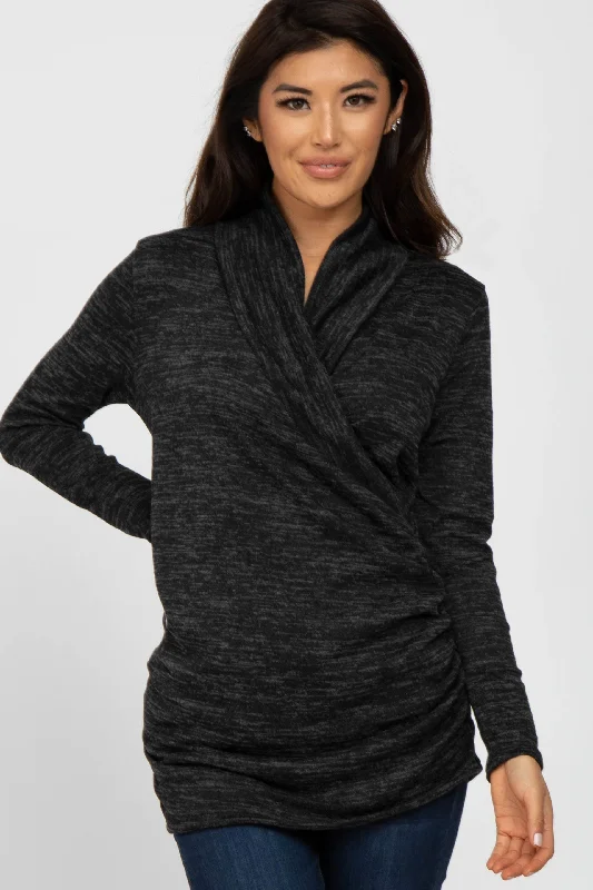 Weekend Discounts to Delight Black Soft Heathered Draped Wrap Nursing Top