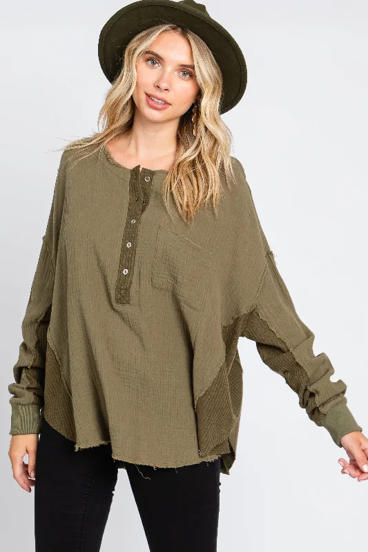 Weekend Deals to Make You Happy Olive Front Button Drop Shoulder Long Sleeve Top