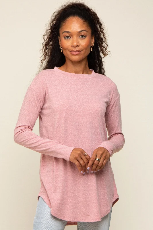 Flash Deal Light Pink Long Sleeve Curved Hem Top