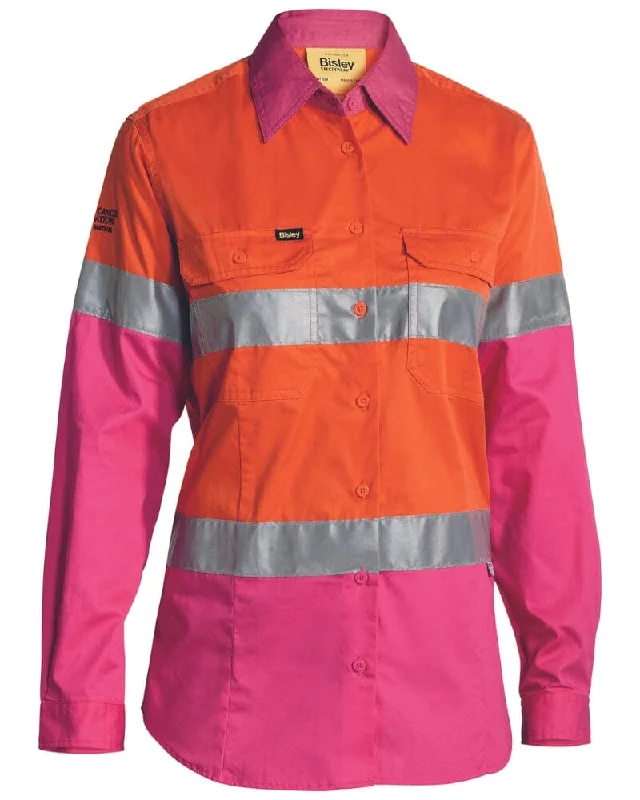 Stock Clearance Womens Taped Hi Vis Cool Lightweight LS Drill Shirt - Orange/Pink