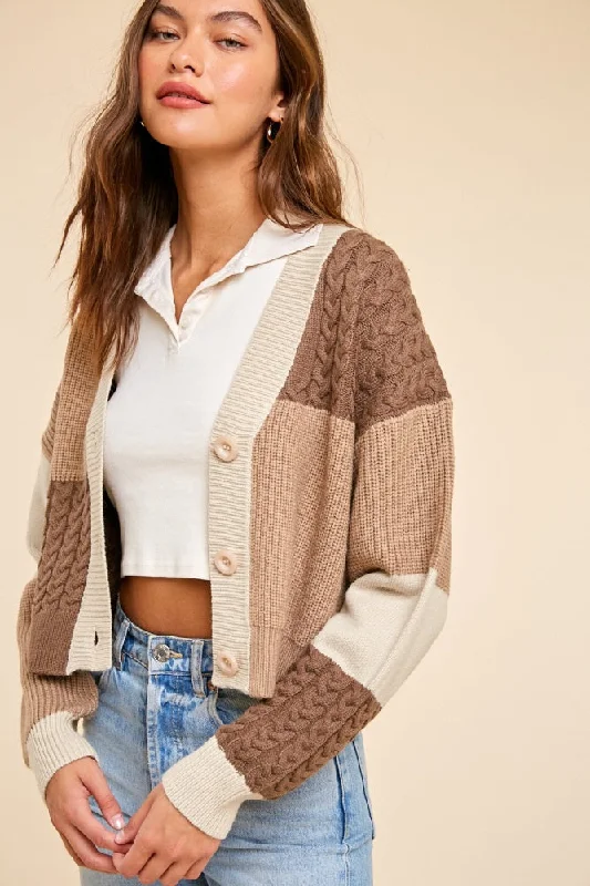 Extra Savings Beige Patchwork Color Block Cable Cardigan