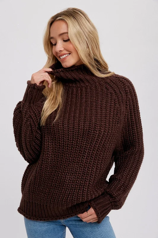 Clearance Sale Brown Chunky Knit Mock Neck Sweater