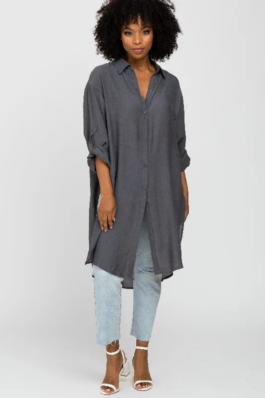 Online Exclusive Charcoal Button Front Side Slit Oversized Blouse