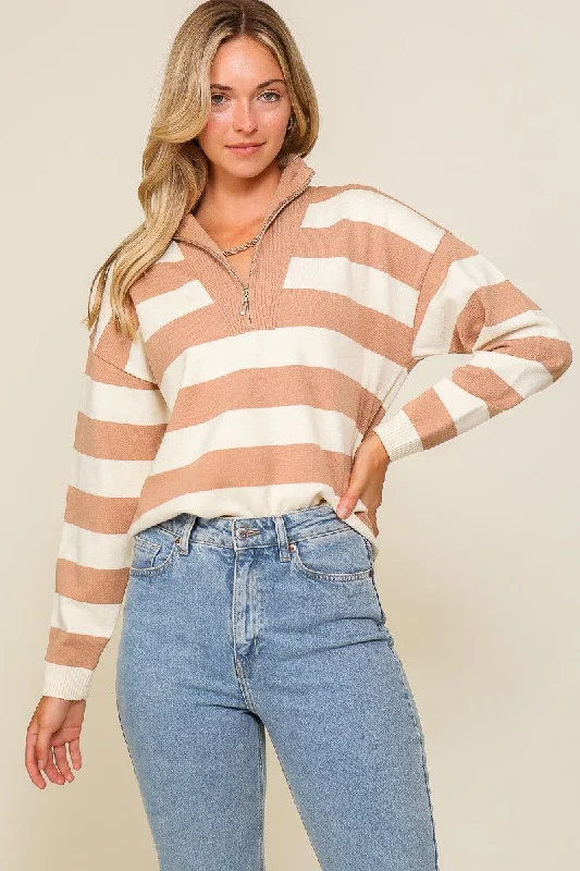 Flash Sale Taupe Cream Polo Half Zip Up Striped Sweater Top