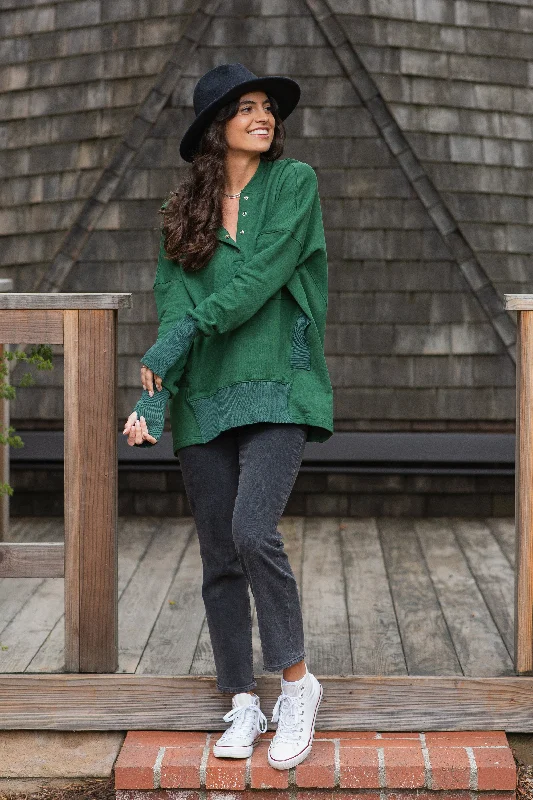 Weekend Savings Spectacular Forest Green Button Front Ribbed Trim Hooded Sweatshirt