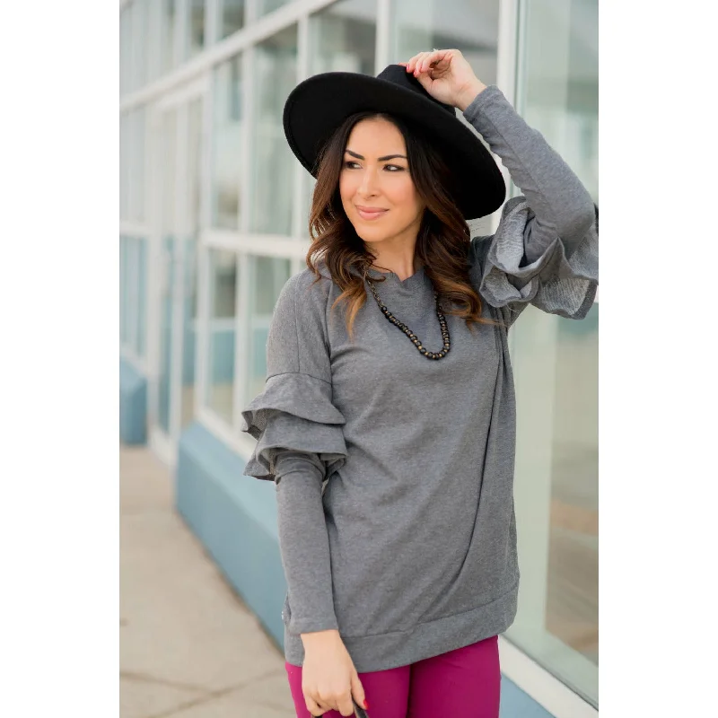Epic Value Long Sleeve Ruffle V Back Tee - Grey