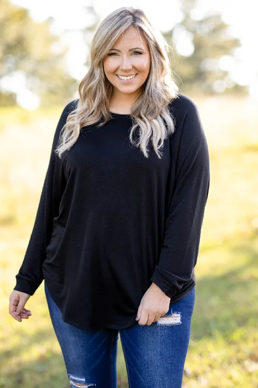 New Arrival Curved Hem Slouchy Dolman Tunic, Black Fleece