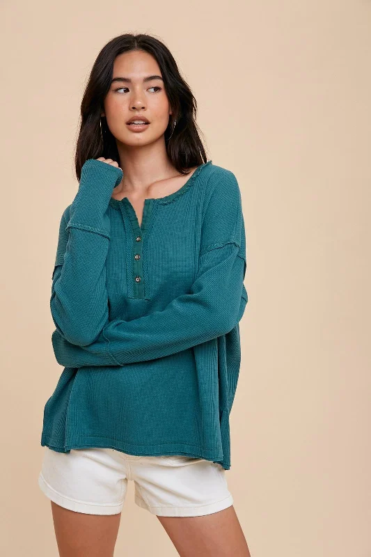 Take Action Emerald Green Waffle Knit Henley Top
