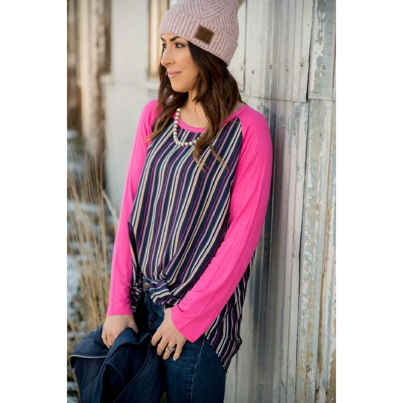 Low Cost Vertical Striped Baseball Tee- Pink