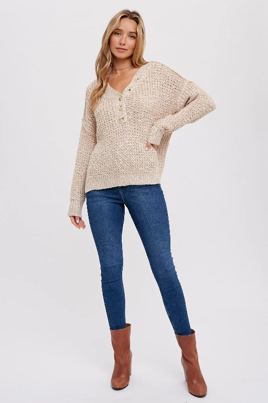 Super Deal Beige Chunky Knit Button V-Neck Sweater
