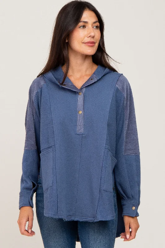 Can't Beat Blue Soft Mixed Knit Button Front Hooded Top