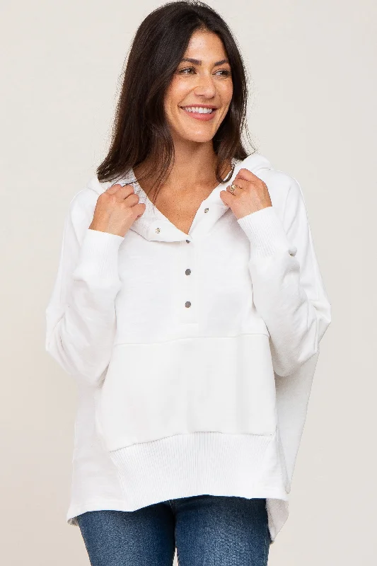 Best Seller White Button Front Ribbed Trim Hooded Sweatshirt