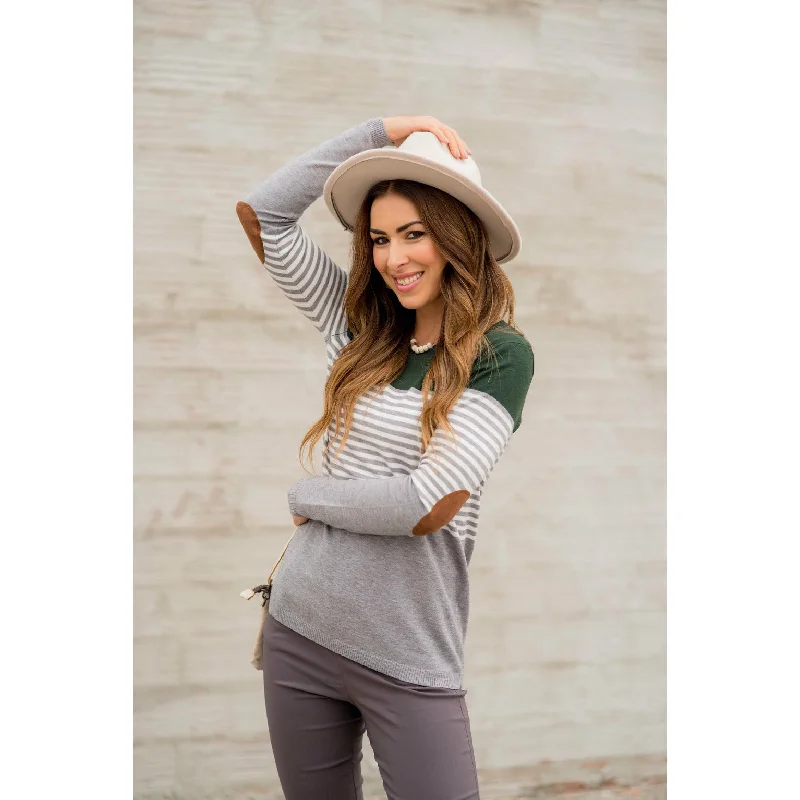 Steal Deal Dual Solid Tone Mid Stripe Elbow Patch Tee
