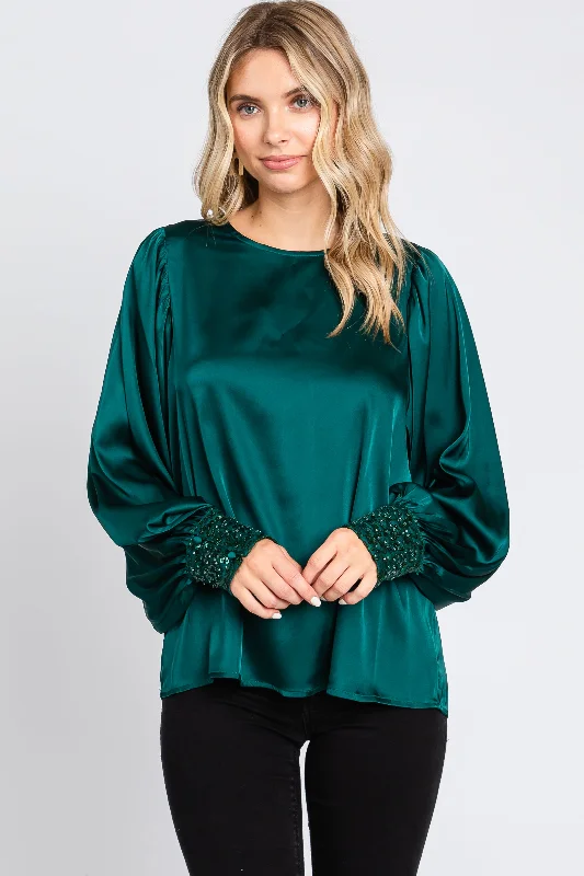 Amazing Value Forest Green Satin Sequin Cuff Blouse