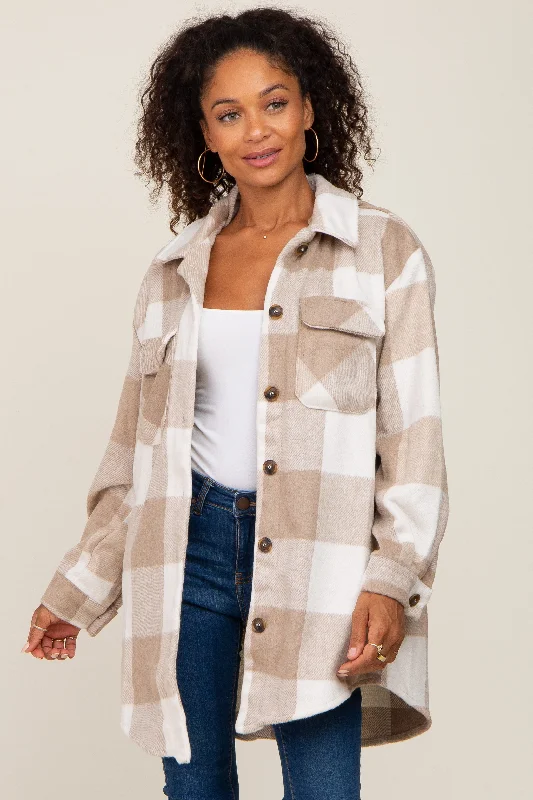 Cash Savings Beige Plaid Brushed Long Shacket
