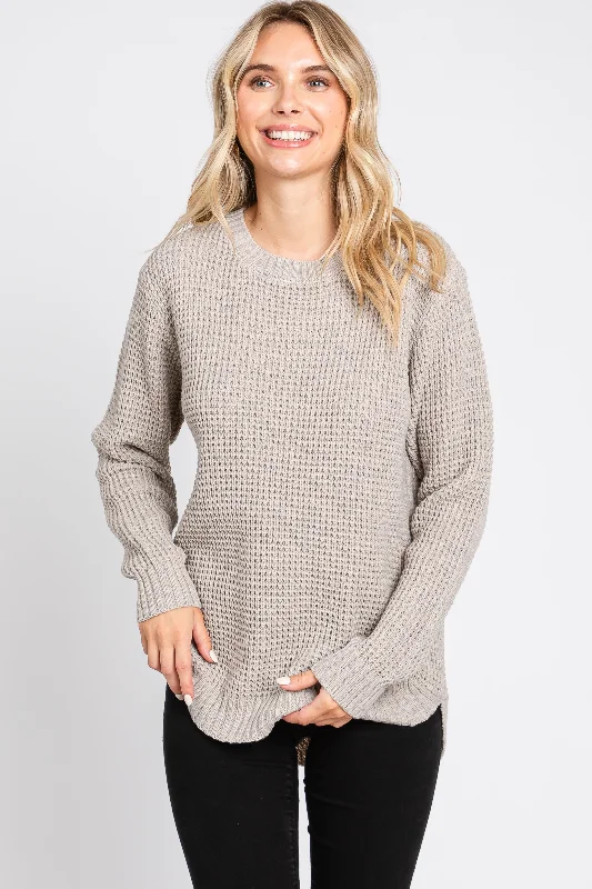Pay Less Taupe Waffle Knit Round Hem Sweater