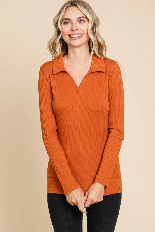 Value Deals Rust Ribbed Collared Long Sleeve Top