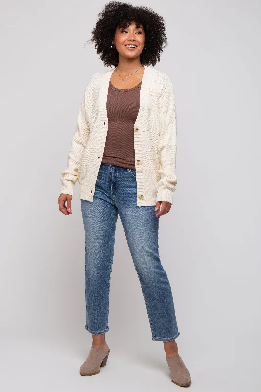 Special Offer Cream Checkered Knit Button Front Cardigan