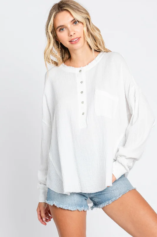 Weekend Price Cuts Galore White Front Button Drop Shoulder Long Sleeve Top