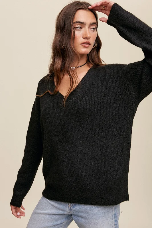 Super Deal Black V-Neck Relaxed Fit Sweater