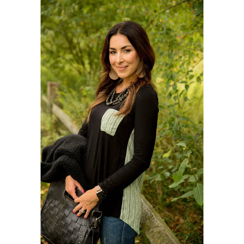 Super Deal Long Sleeve Striped Back/Pocket Tee