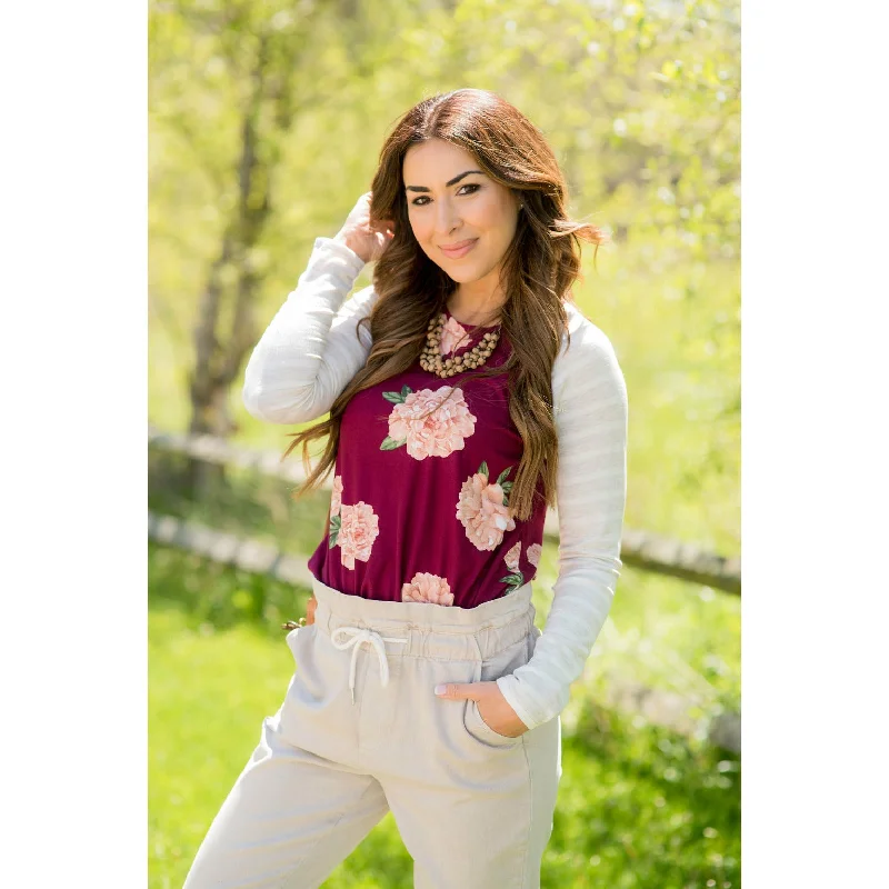 Exclusive Weekend Offers Inside Oatmeal Striped Sleeve Burgundy Baseball Tee
