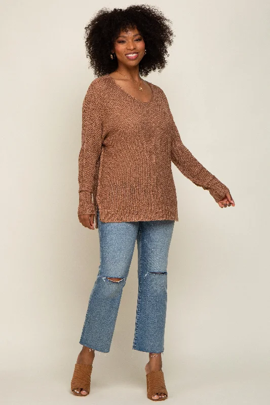 Weekend Deal Mocha Chunky Knit Side Slit Sweater