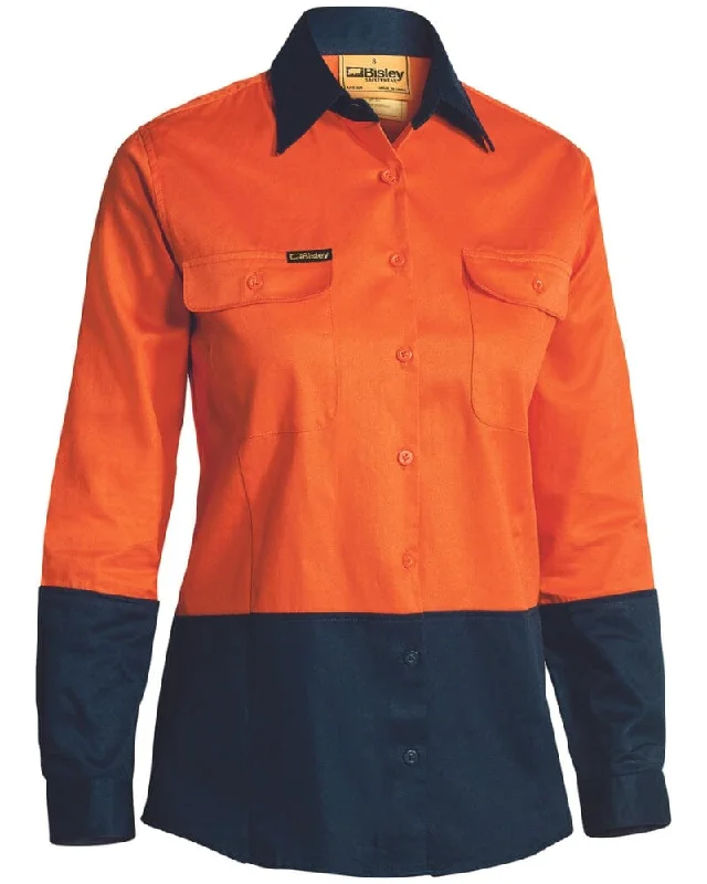 Weekend Savings Bonanza Womens Hi Vis Long Sleeve Drill Shirt - Orange/Navy