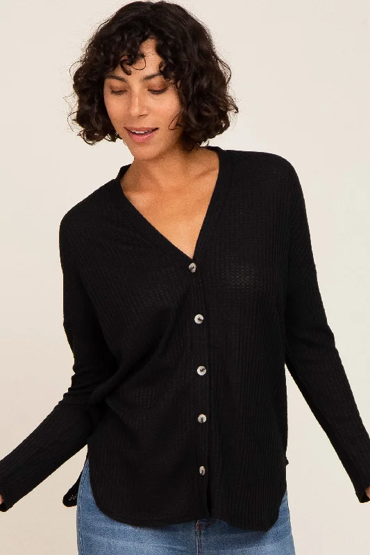 New Arrival Black Waffle Knit Button Down Top