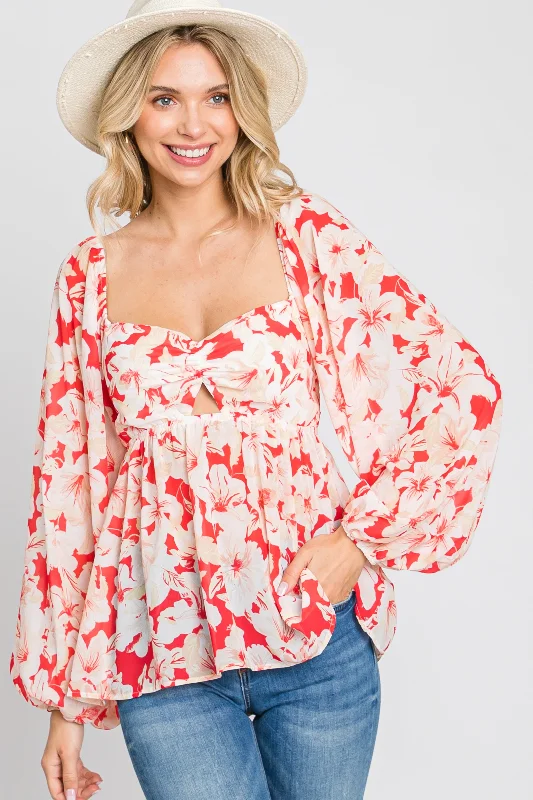 Deal of the Day Red Floral Cutout Front Long Sleeve Blouse