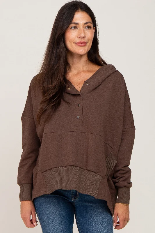 Today Only Brown Button Front Ribbed Trim Hooded Sweatshirt