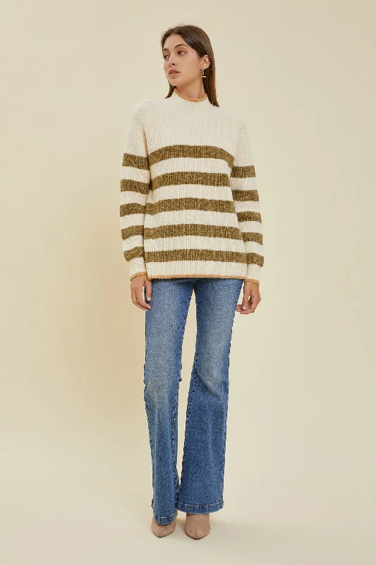 Weekend Bargains to Cherish Olive Striped Color Block Mock Neck Sweater