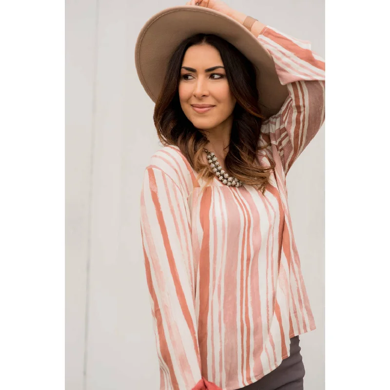 New Deal Striped Brush Stroke V Neck Blouse - Salmon