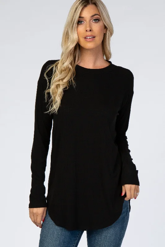Weekend Savings Extravaganza Black Long Sleeve Round Hem Textured Top