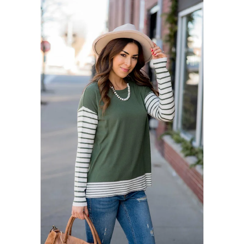 Weekend Offers That Dazzle Ribbed Striped Sleeve Faux Layered Tee