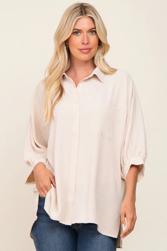 Weekend Savings Sensation Beige Button Down 3/4 Sleeve Top