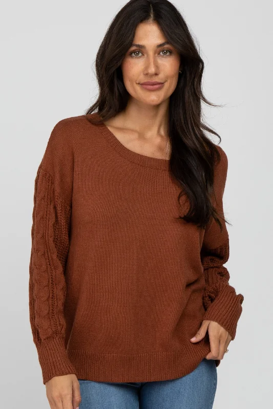Weekend Savings Sensation Camel Knit Braided Sleeve Sweater