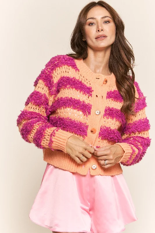 Sale Alert Tangerine Fuchsia Fuzzy Stripe Long Sleeve Cardigan