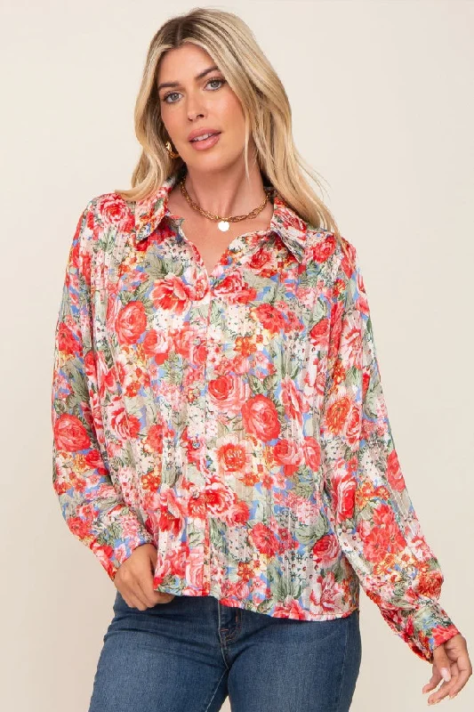 Weekend Bargains Just for You Red Floral Semi Sheer Shimmer Blouse