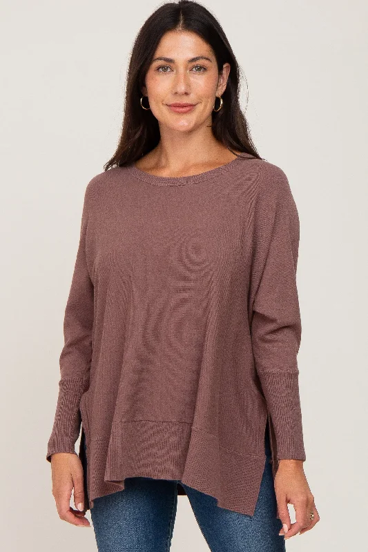 Top Pick Mocha Dolman Sleeve Side Slit Sweater