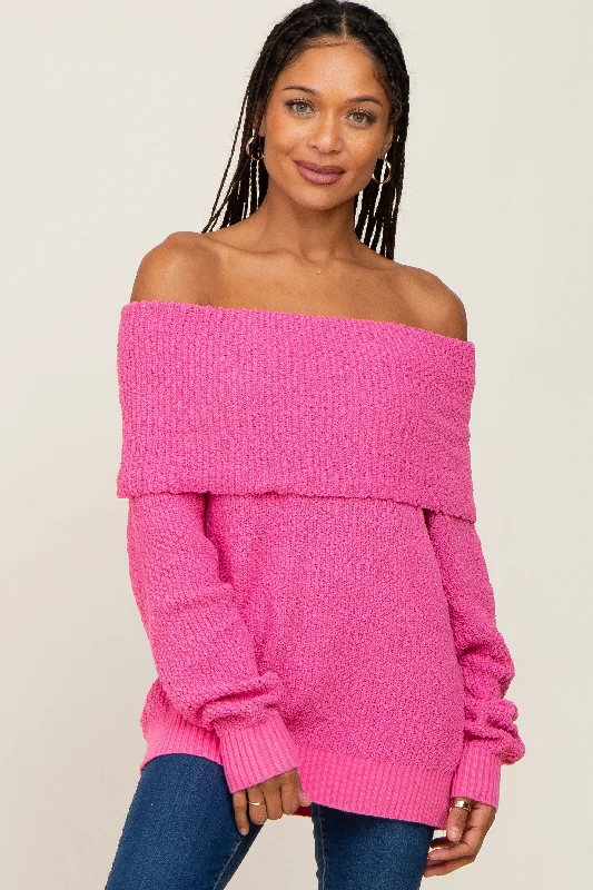 Weekend Savings Sensation Fuchsia Foldover Off Shoulder Sweater