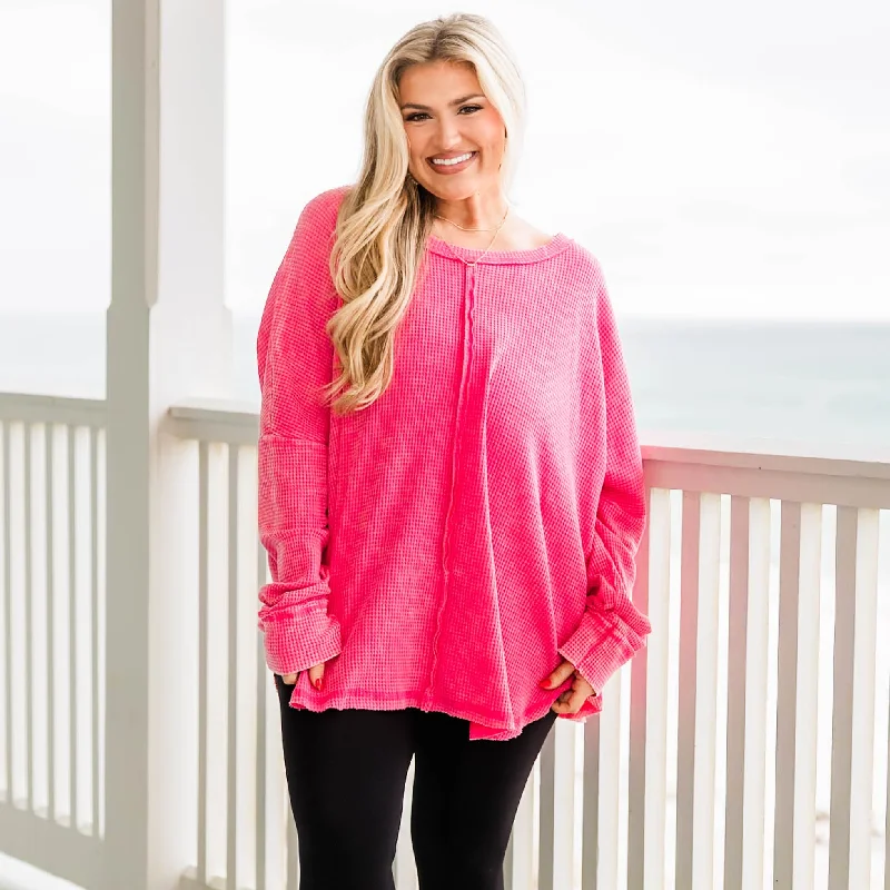 Weekend Steals Await Cozy Waffle Pullover, Fuchsia