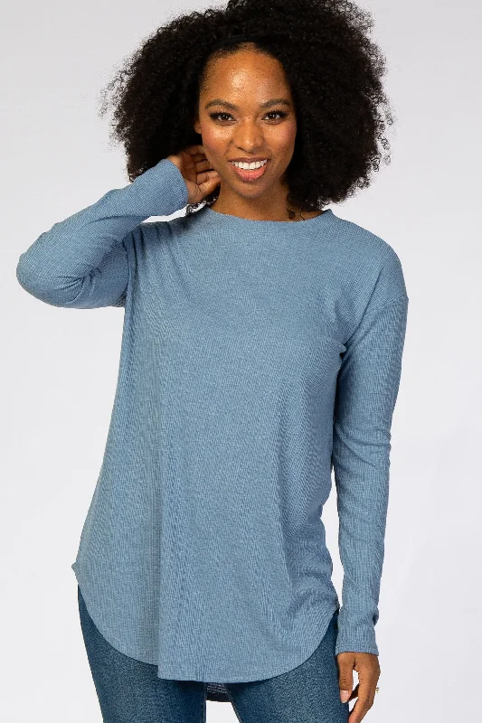 Weekend Offers That Delight Denim Blue Long Sleeve Ribbed Top